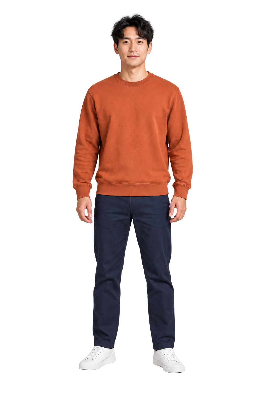 Input photo of a fictional adult in a rust sweatshirt
